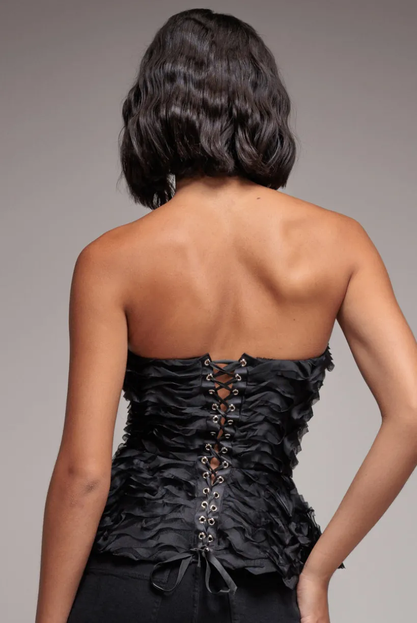 Peplum 3D Textured Boob Tube Lace Up Corset - Black by Goddiva