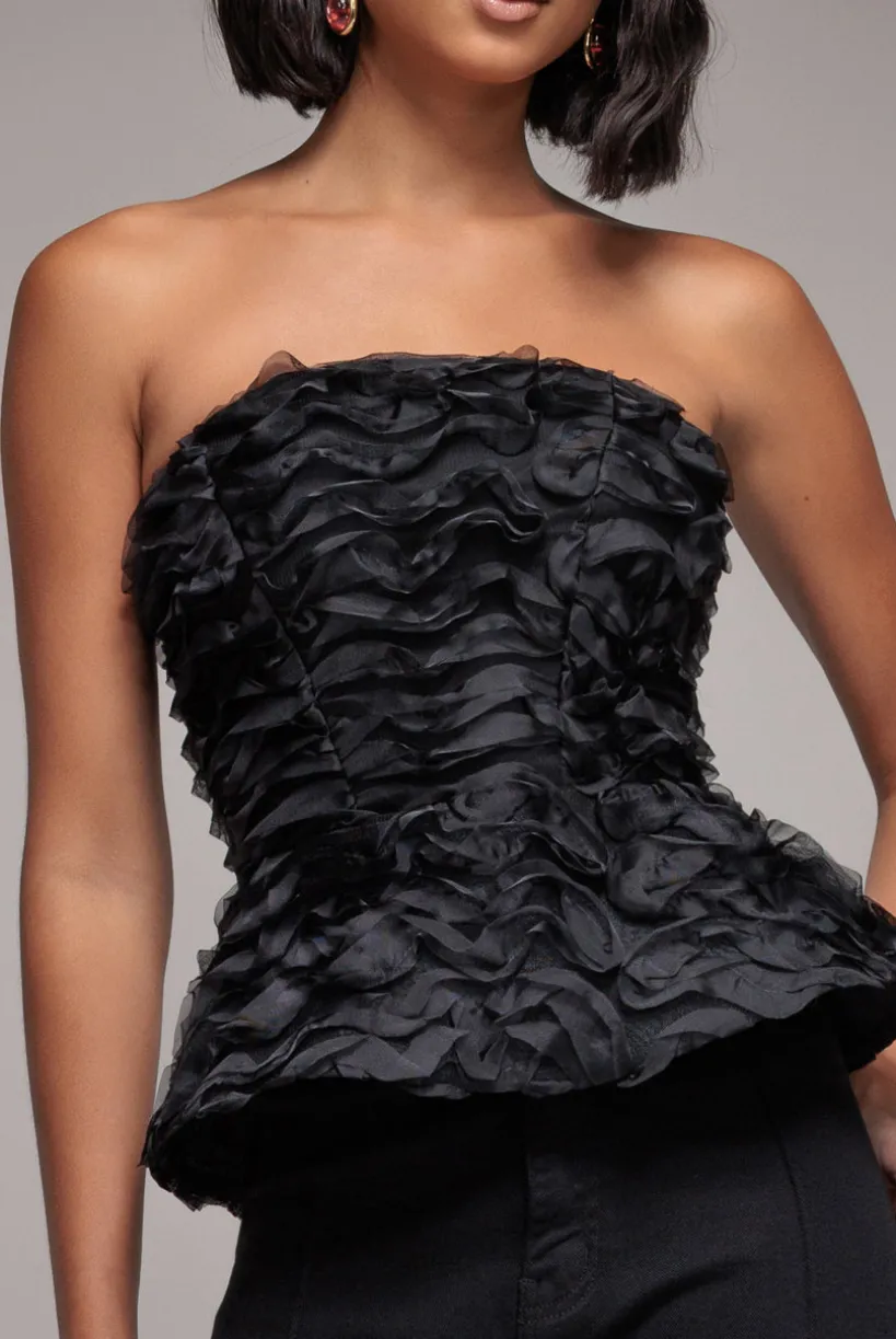 Peplum 3D Textured Boob Tube Lace Up Corset - Black by Goddiva