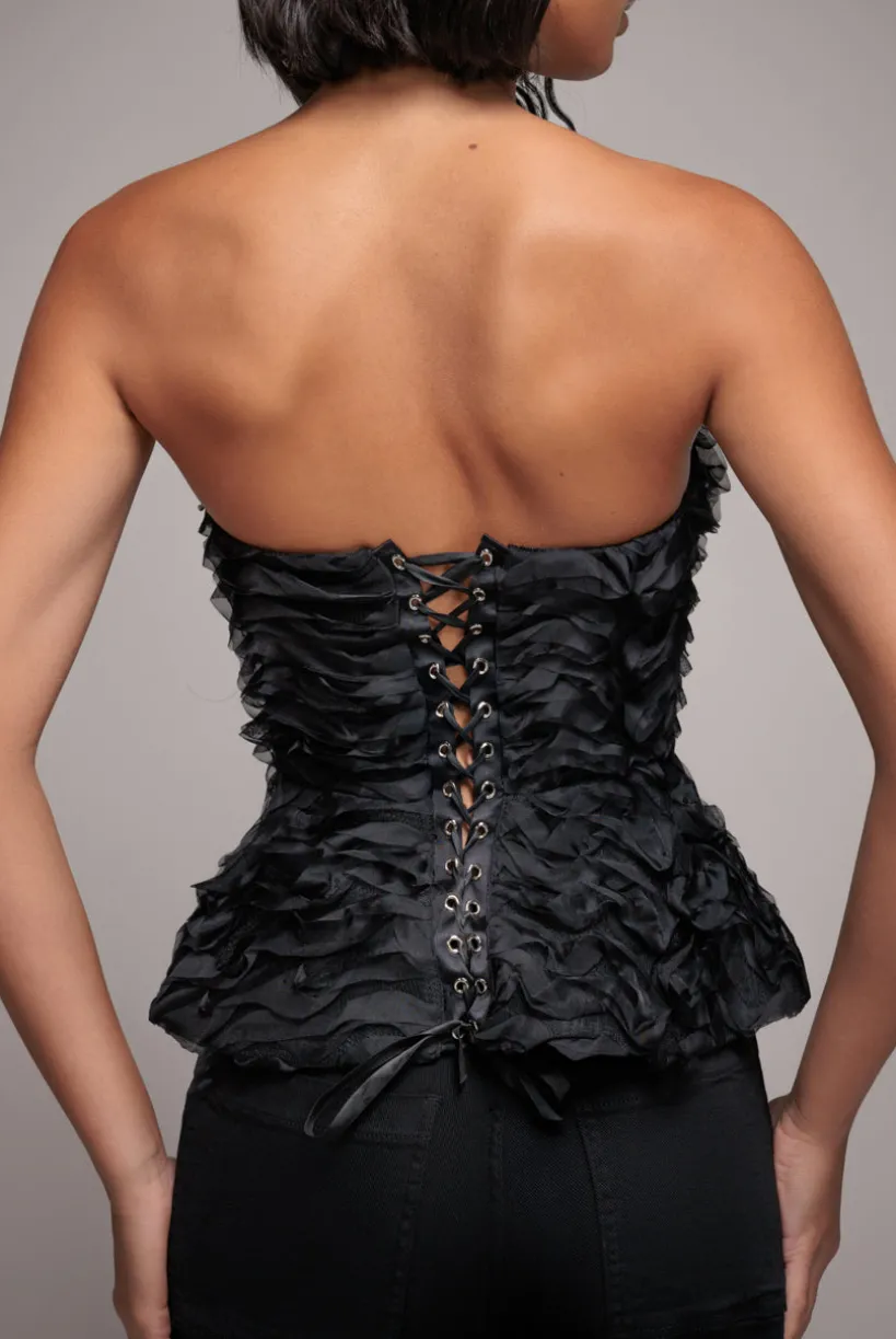 Peplum 3D Textured Boob Tube Lace Up Corset - Black by Goddiva