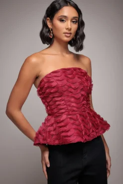 Peplum 3D Textured Boob Tube Lace Up Corset - Burgundy by Goddiva