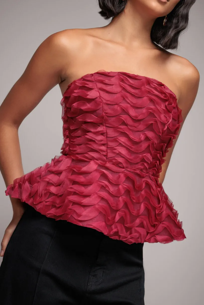 Peplum 3D Textured Boob Tube Lace Up Corset - Burgundy by Goddiva