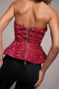 Peplum 3D Textured Boob Tube Lace Up Corset - Burgundy by Goddiva