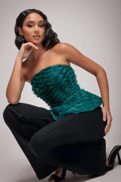 Peplum 3D Textured Boob Tube Lace Up Corset - Emerald Green by Goddiva