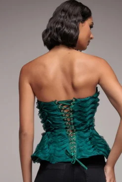 Peplum 3D Textured Boob Tube Lace Up Corset - Emerald Green by Goddiva