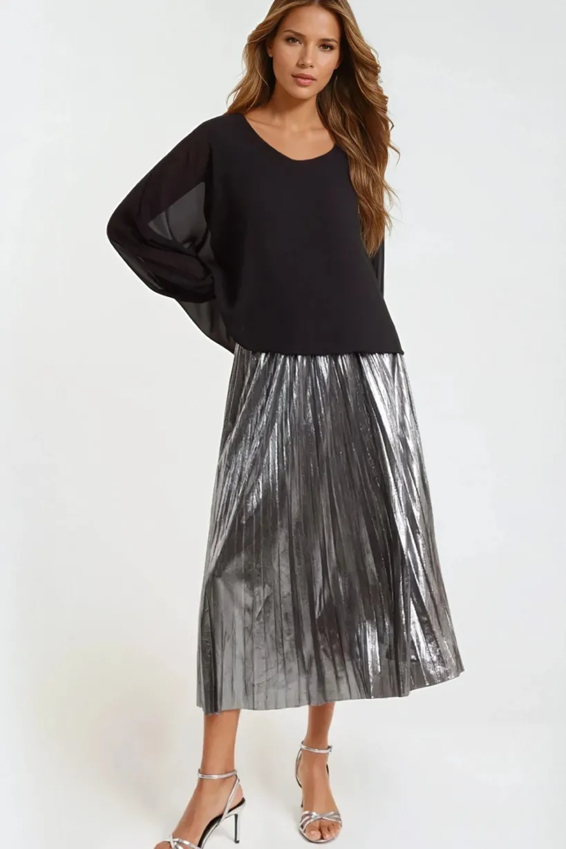 Pewter Metallic Pleated Midi Skirt by Aftershock London