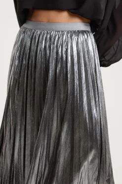 Pewter Metallic Pleated Midi Skirt by Aftershock London