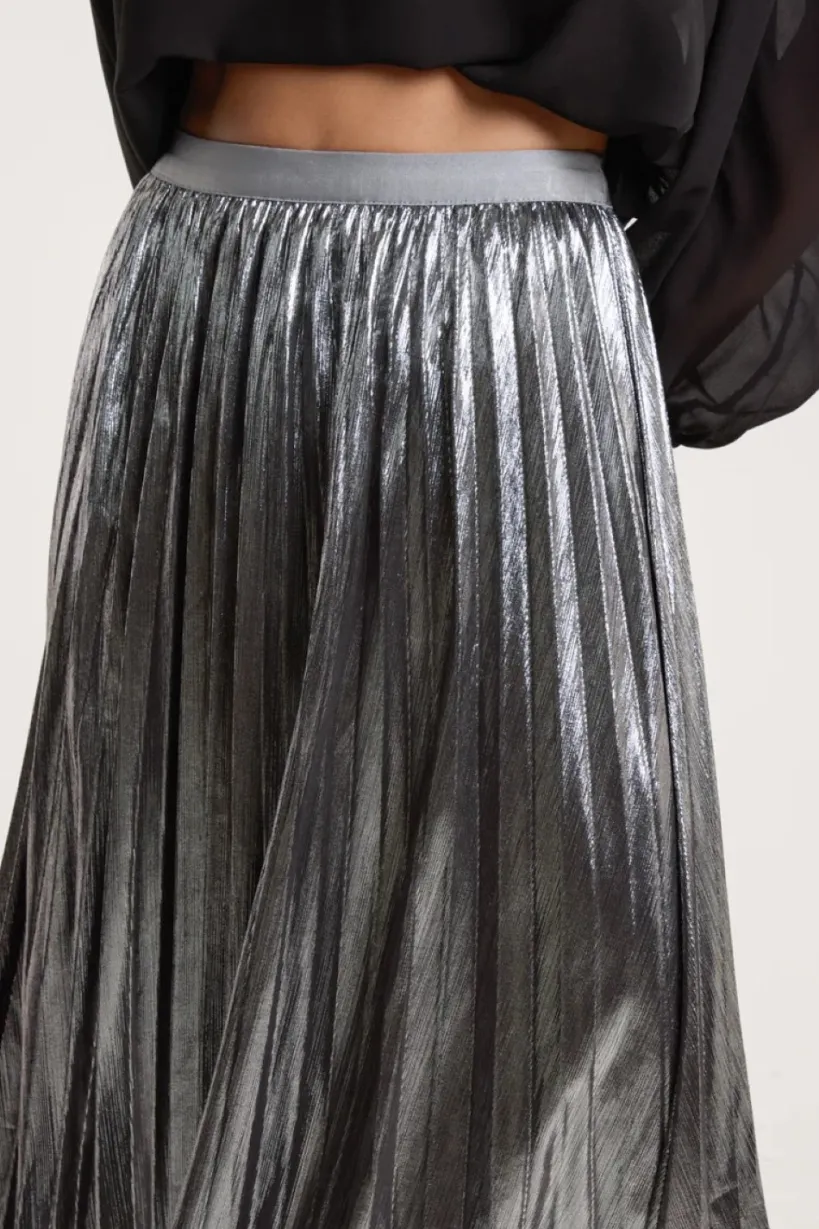 Pewter Metallic Pleated Midi Skirt by Aftershock London