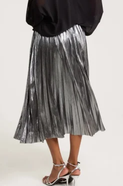Pewter Metallic Pleated Midi Skirt by Aftershock London