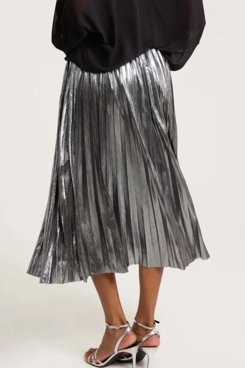 Pewter Metallic Pleated Midi Skirt by Aftershock London