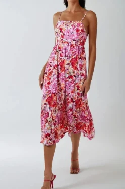 Pink Floral Cami Midi Dress With Cut Out Back by Aftershock London