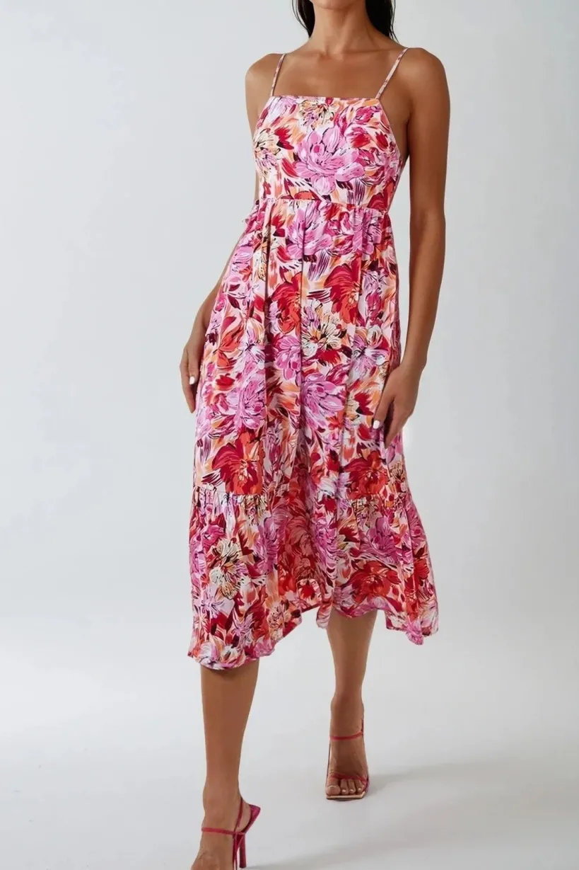 Pink Floral Cami Midi Dress With Cut Out Back by Aftershock London