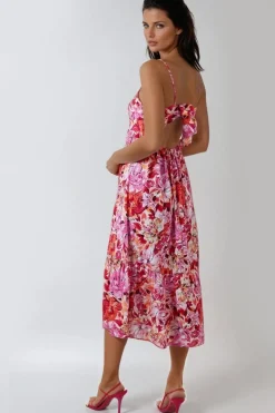 Pink Floral Cami Midi Dress With Cut Out Back by Aftershock London
