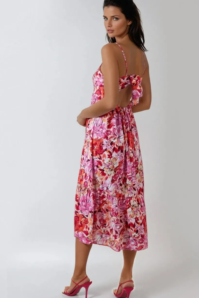 Pink Floral Cami Midi Dress With Cut Out Back by Aftershock London