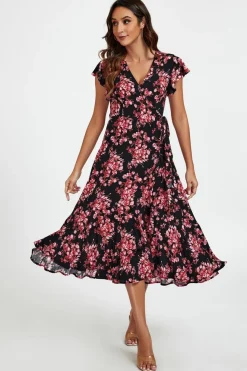 Pink Floral Frill Sleeve Midi Wrap Dress In Black by FS Collection