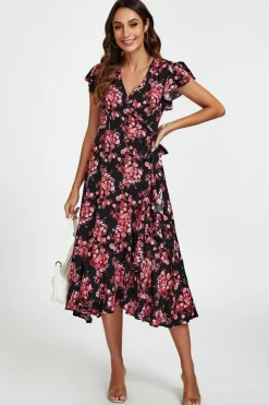 Pink Floral Frill Sleeve Midi Wrap Dress In Black by FS Collection