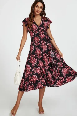 Pink Floral Frill Sleeve Midi Wrap Dress In Black by FS Collection