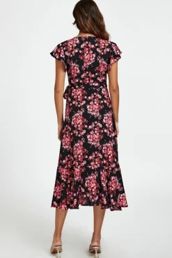 Pink Floral Frill Sleeve Midi Wrap Dress In Black by FS Collection