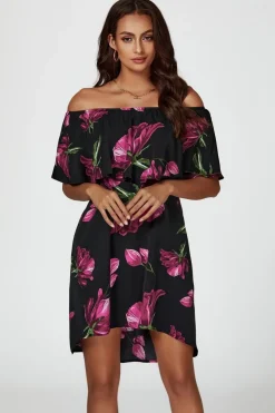 Pink Floral Print Bardot Frill Off Shoulder Mini Dress In Black by FS Collection