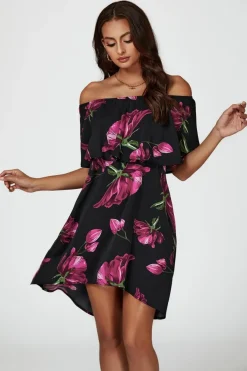 Pink Floral Print Bardot Frill Off Shoulder Mini Dress In Black by FS Collection