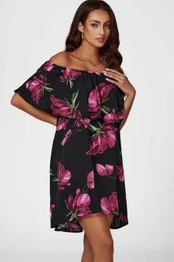 Pink Floral Print Bardot Frill Off Shoulder Mini Dress In Black by FS Collection