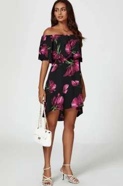 Pink Floral Print Bardot Frill Off Shoulder Mini Dress In Black by FS Collection