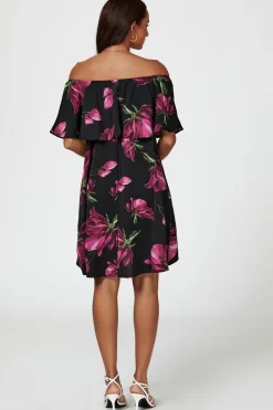 Pink Floral Print Bardot Frill Off Shoulder Mini Dress In Black by FS Collection