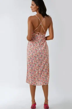 Pink Floral Strappy Midi Dress With Ties by Aftershock London