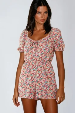 Pink Floral Sweetheart Neckline Playsuit by Aftershock London