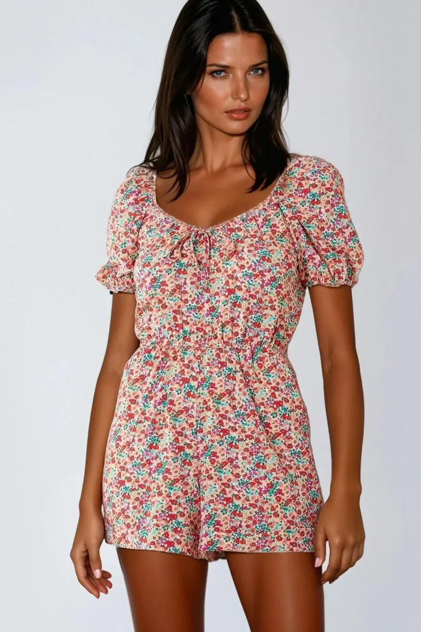 Pink Floral Sweetheart Neckline Playsuit by Aftershock London