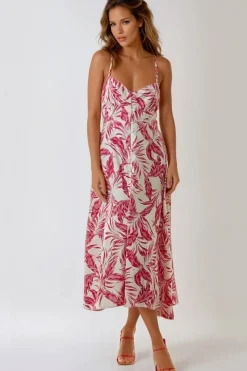 Pink Leaf Print Lace Up Back Midi Dress by Aftershock London