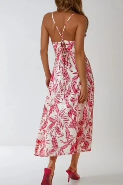 Pink Leaf Print Lace Up Back Midi Dress by Aftershock London