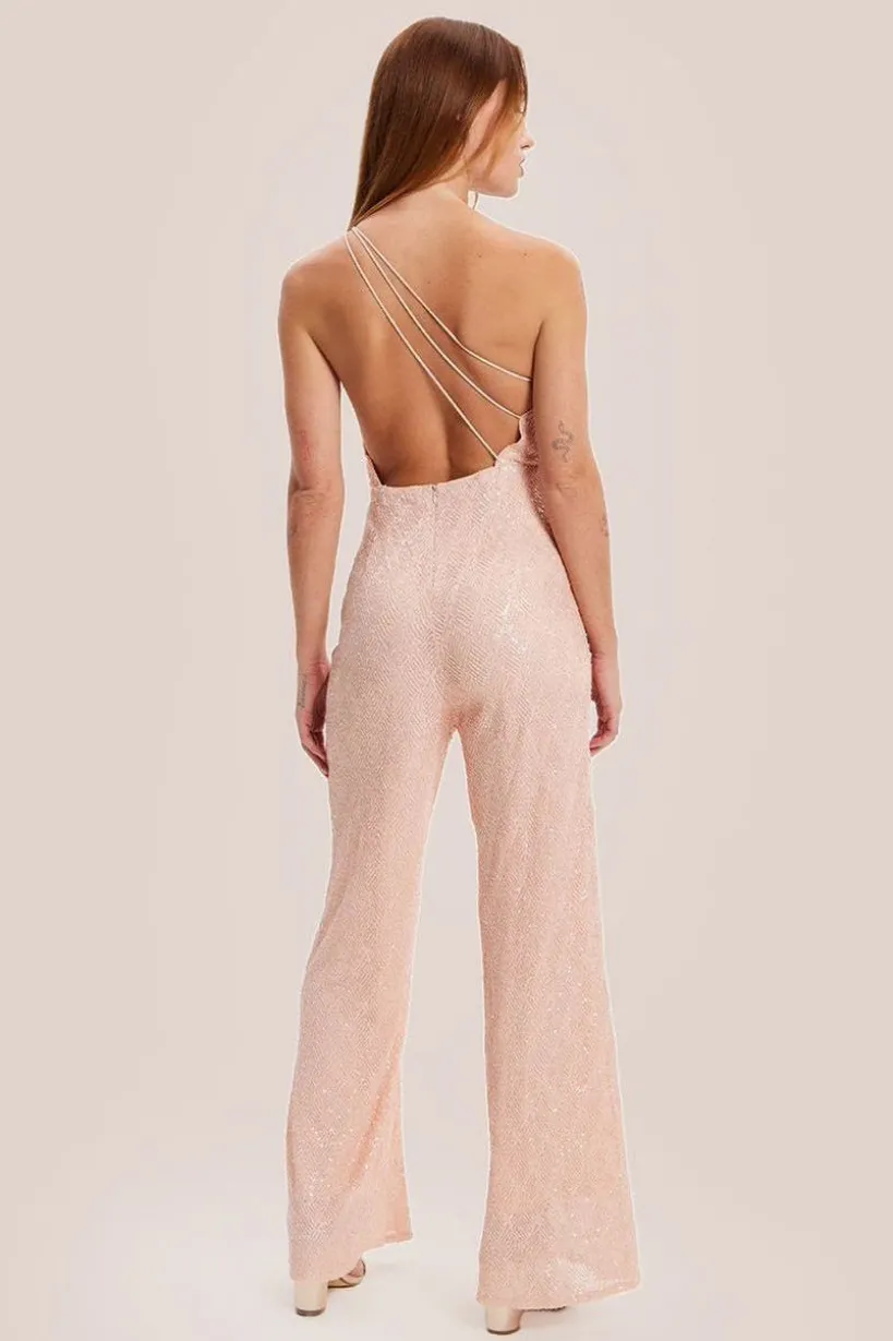 Pink Sequin Jersey One Shoulder Jumpsuit by Liquorish