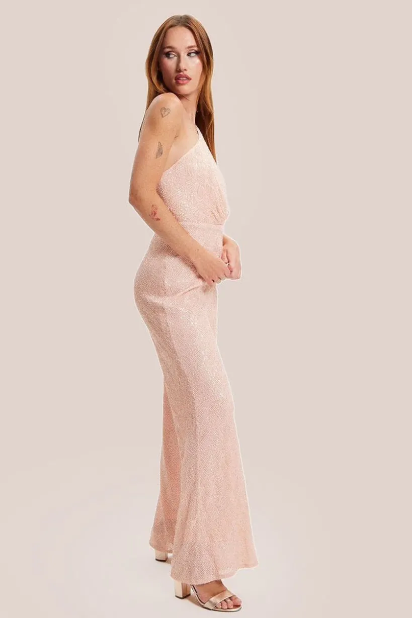 Pink Sequin Jersey One Shoulder Jumpsuit by Liquorish