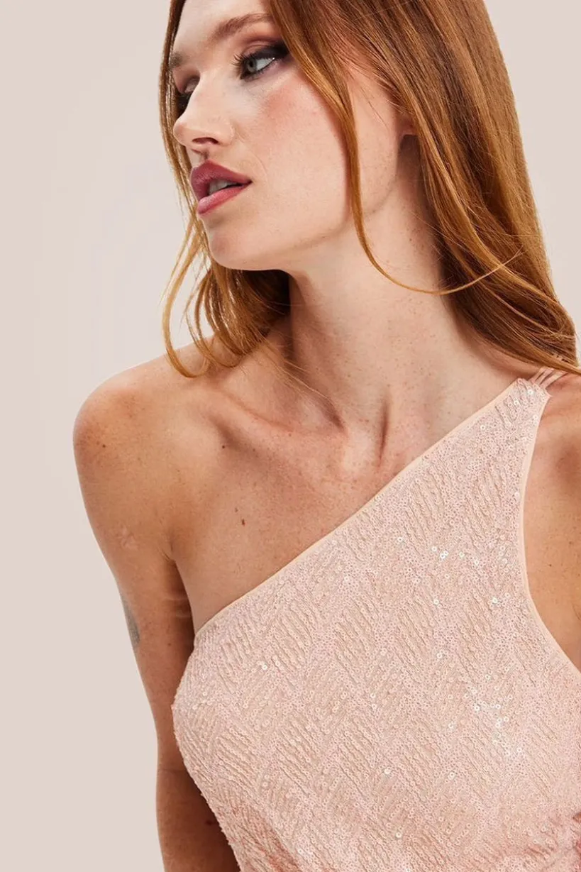 Pink Sequin Jersey One Shoulder Jumpsuit by Liquorish