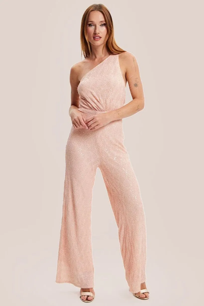 Pink Sequin Jersey One Shoulder Jumpsuit by Liquorish