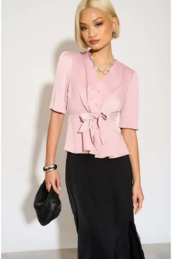 Pink Short Sleeve Knotted Crepe Satin Top by LOVE SUNSHINE