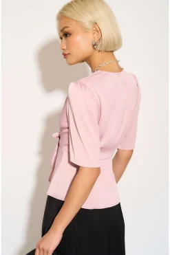 Pink Short Sleeve Knotted Crepe Satin Top by LOVE SUNSHINE