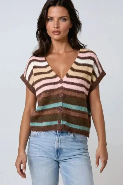 Pink Striped Knitted Vest Cardigan by Aftershock London