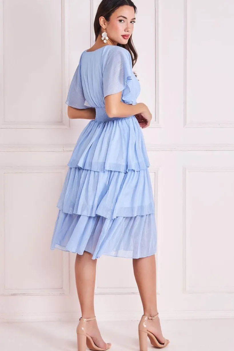 Plain Lurex Chiffon Tiered Dress - Light Blue by Goddiva