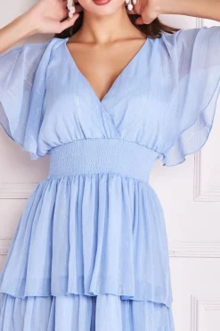 Plain Lurex Chiffon Tiered Dress - Light Blue by Goddiva