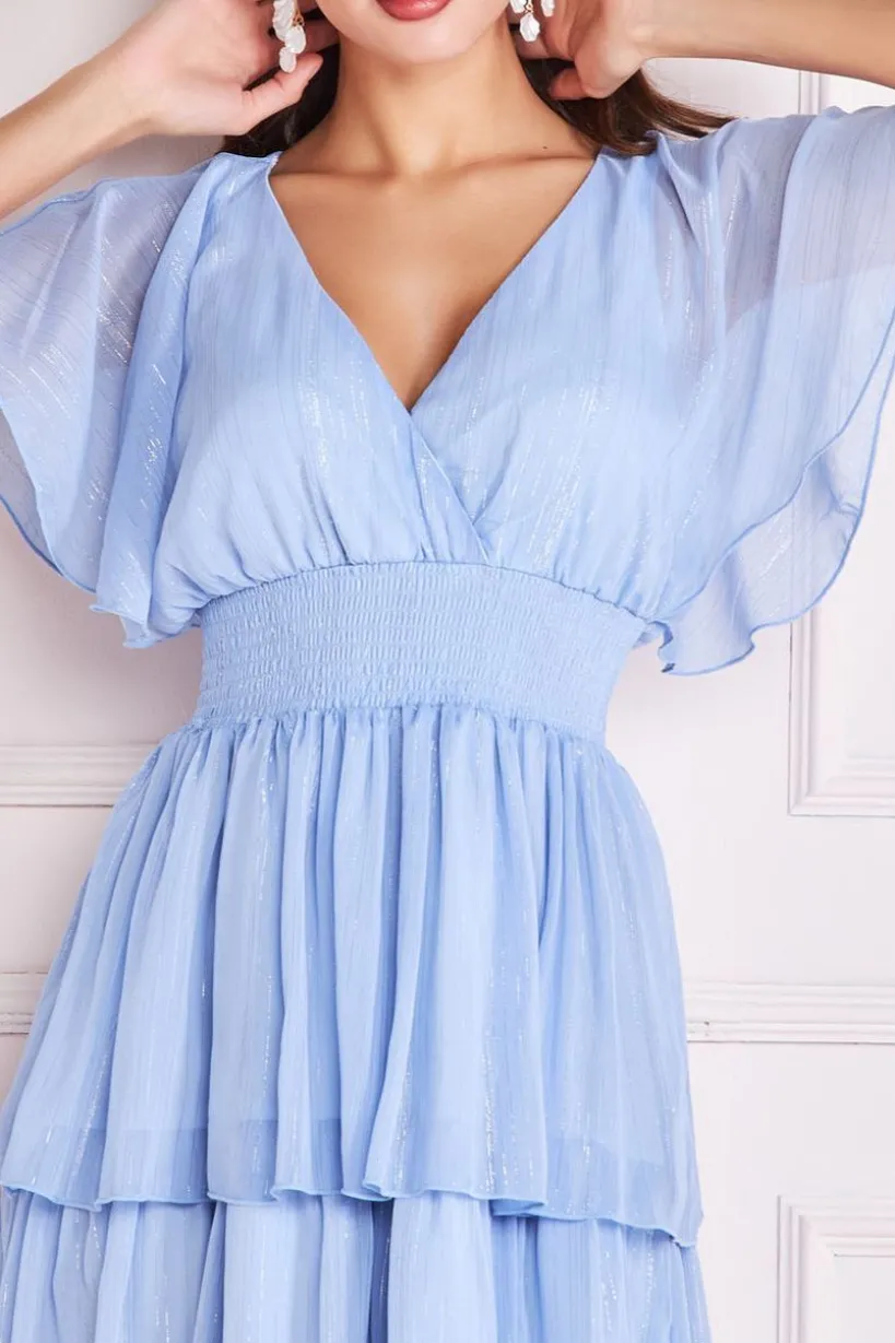 Plain Lurex Chiffon Tiered Dress - Light Blue by Goddiva