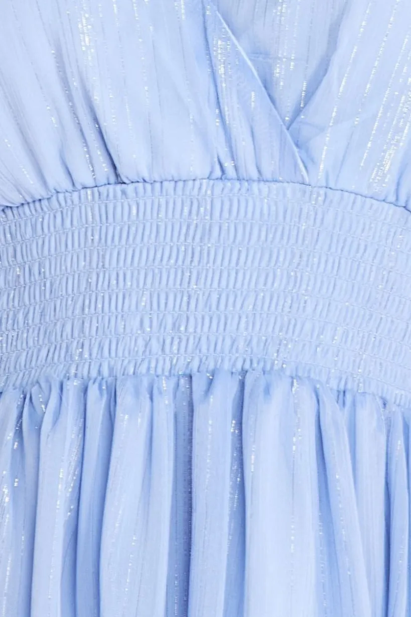 Plain Lurex Chiffon Tiered Dress - Light Blue by Goddiva