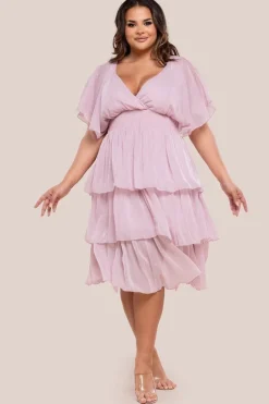 Plain Lurex Chiffon Tiered Midi Dress - Blush Pink by Goddiva Plus