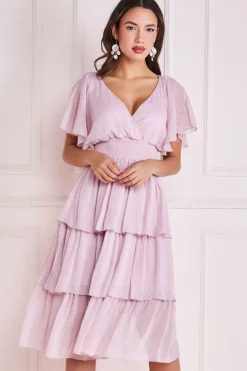 Plain Lurex Chiffon Tiered Dress - Pink by Goddiva