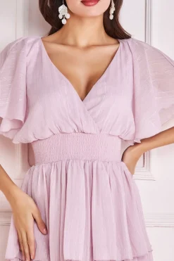 Plain Lurex Chiffon Tiered Dress - Pink by Goddiva