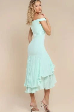 Pleated Bardot High Low Tier Chiffon Midaxi Dress - Mint Green by Goddiva