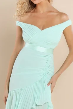 Pleated Bardot High Low Tier Chiffon Midaxi Dress - Mint Green by Goddiva