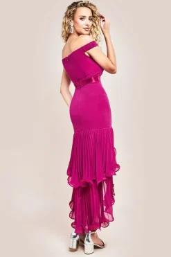 Pleated Bardot High Low Tier Chiffon Midaxi Dress - Magenta by Goddiva