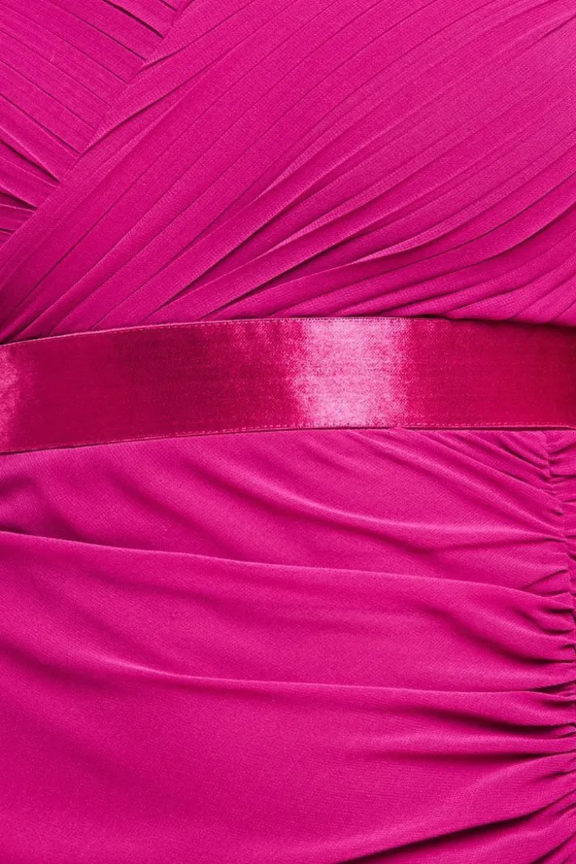 Pleated Bardot High Low Tier Chiffon Midaxi Dress - Magenta by Goddiva