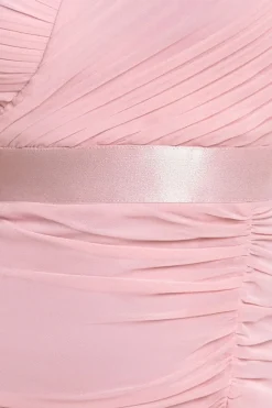 Pleated Bardot High Low Tier Chiffon Midaxi Dress - Blush Pink by Goddiva